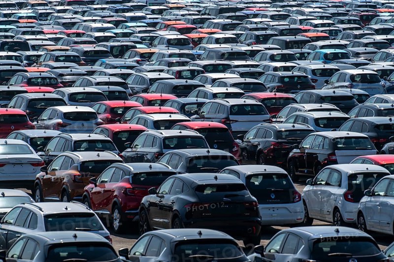 Car terminal in the Logport I inland port, in Duisburg on the Rhine, vehicle handling of new cars, storage area, North Rhine-Westphalia, Germany, Europe