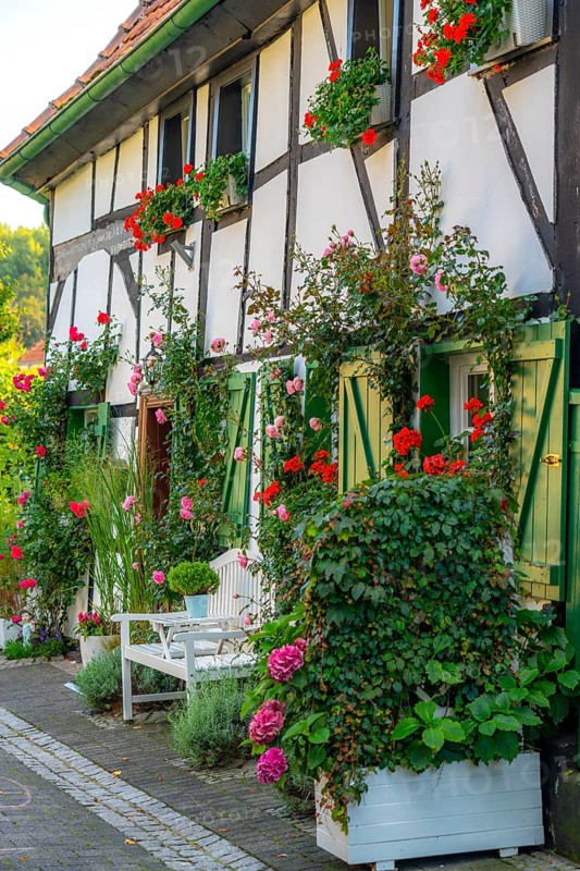 Old village of Westerholt, listed district of Herten Westerholt, over 60 old, well-renovated half-timbered houses form a historic village centre, Herten, North Rhine-Westphalia, Germany, Europe