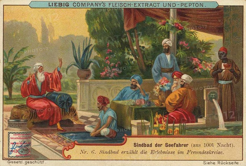 Picture series 1001 Nights, Sinbad the Sailor, 6, Sinbad recounts his adventures to his friends, Liebig picture, digitally restored reproduction of a collector's picture from around 1900, public domain, exact date unknown, A man recounts his adventures in an exotic environment. Fairytale atmosphere