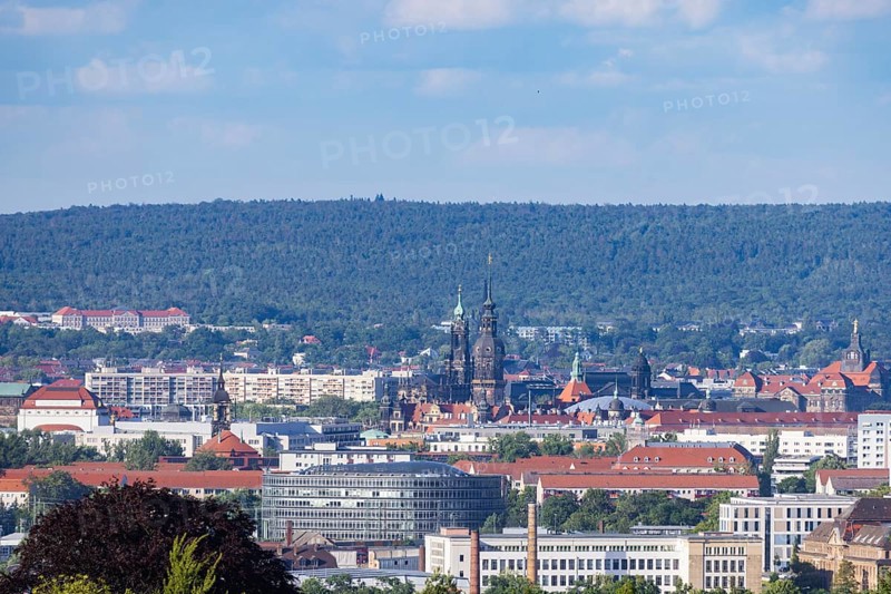 Cityscape Dresden with buildings Ammonhof, theatre, Annenkirche, Hofkirche, Residenzschloss, Staatskanzlei and Heide, panoramic view of Dresden seen from the west, Dresden, Saxony, Germany, Europe