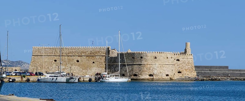Panoramic photo view of medieval 16th century fortress built by Republic of Venice old name Castello Rocca al Mare today Koules in harbour of Iraklion on north coast of island Crete Aegean Cretan Sea Mediterranean, Heraklion, Crete, Greece, Europe