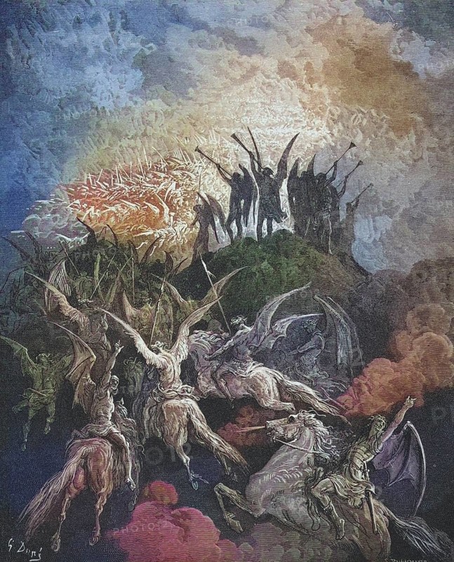 Illustration by Gustave Dore (1832-1883) for Paradise Lost, The Paradise Lost, published in 1667, is an epic poem in blank verse by the English poet John Milton, Inferno, Hell, Paradise, Angel, Damnation, Historical, digitally restored reproduction from a 19th century original, Record date not stated