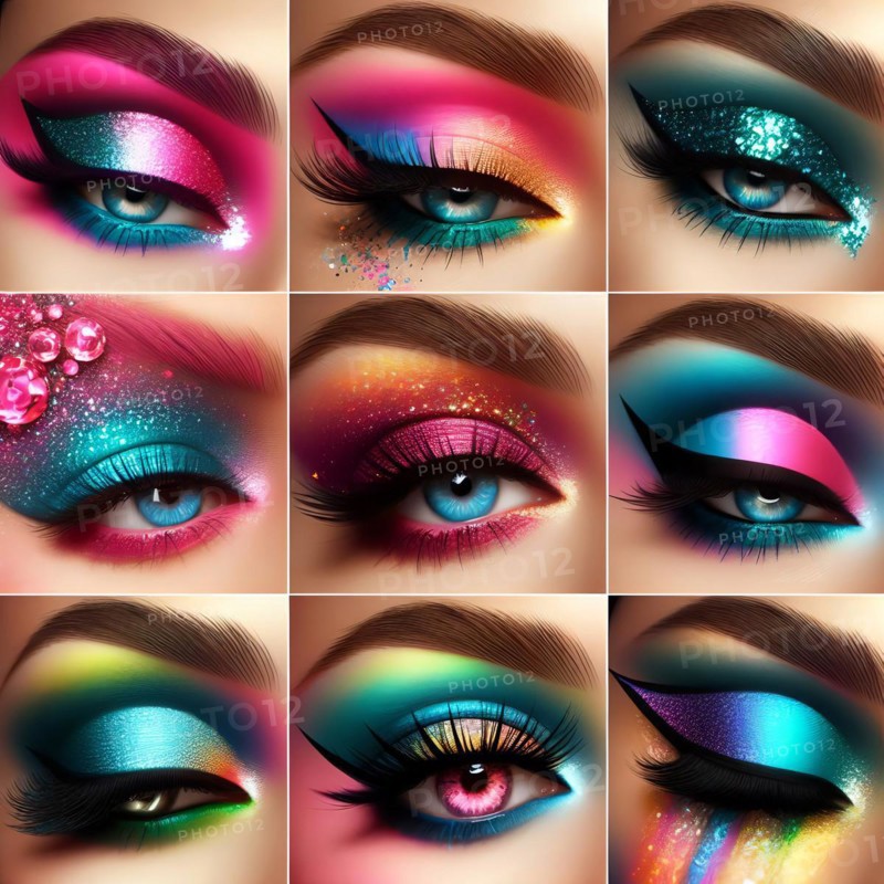 Coloured eyelids in intense colours, symbol image cosmetics, make-up, make-up, eyeshadow, eyelashes, AI generated, AI generated