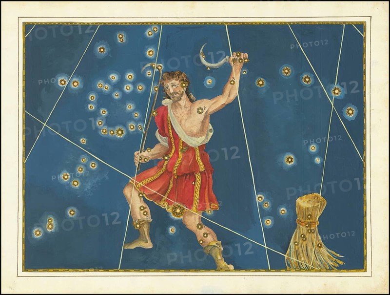 Astronomy. The celestial atlas, the Uranometria, Ptolemaic constellations, by Johann Bayer (1572 - 7 March 1625), German astronomer, Bootes, bear keeper, bright constellation north of the celestial equator, digitally enhanced reproduction of a historical model
