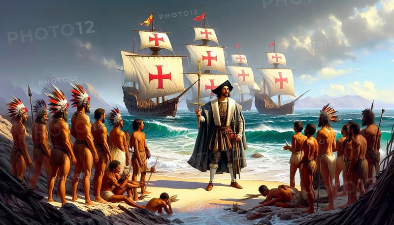 Christopher Columbus, Christopher Columbus or Cristóbal Colón takes possession of America for the Spanish crown on landing on the island of San Salvador on 12 October 1492, behind the caravels of the explorers, symbolic image indigenous population, voyages of discovery, sea route to India, seafarer, seafaring, personality, historical, famous, AI generated, AI generated