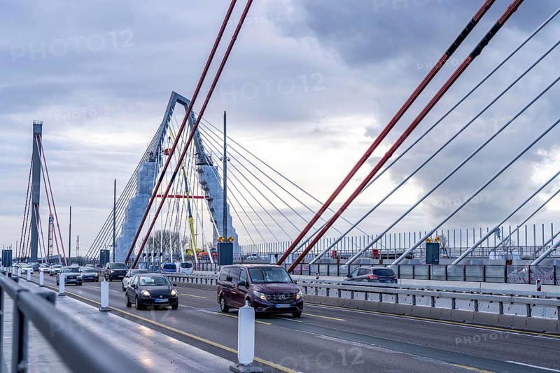 New construction of the A1 motorway bridge over the Rhine near Leverkusen, after completion of the new bridge, the old one in front will be demolished and another, for a total of 8-lane expansion, will be rebuilt at the same location, Leverkusen, North Rhine-Westphalia, Germany, Europe
