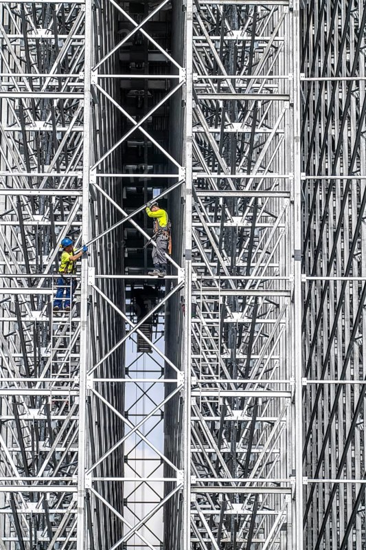 Construction of a high-bay warehouse, storage system for high space utilisation, in steel construction, North Rhine-Westphalia, Germany, Europe