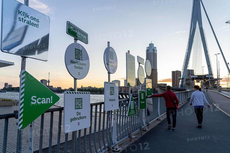 Information boards with QR code, on various topics, tourist information, at the Erasmus Bridge, on the Nieuwe Maas, Kop van Zuid, Rotterdam, Netherlands