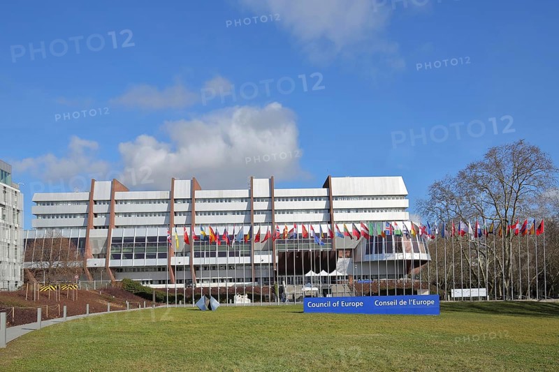 Palace of Europe with seat of the Council of Europe and inscription Council of Europe, modern building, EU flag, row of national flags, state flag, politics, international, EU Parliament, Strasbourg, Bas-Rhin, Alsace, France, Europe