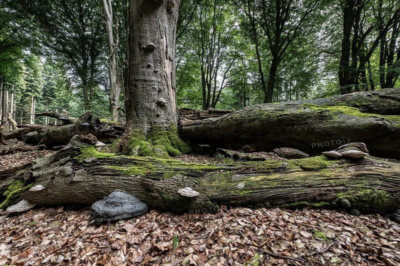 Deadwood with tinder fungus (Fomes fomentarius) in beech forest (Fagus sylvatica), Emsland, Lower Saxony, Germany, Europe