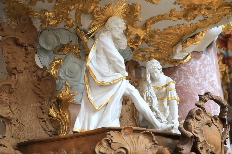 Interior of the Cistercian Abbey Church Fürstenfeld in Fürstenfeldbruck, Upper Bavaria, Bavaria, Germany, The great sinner anoints Jesus' feet, Europe