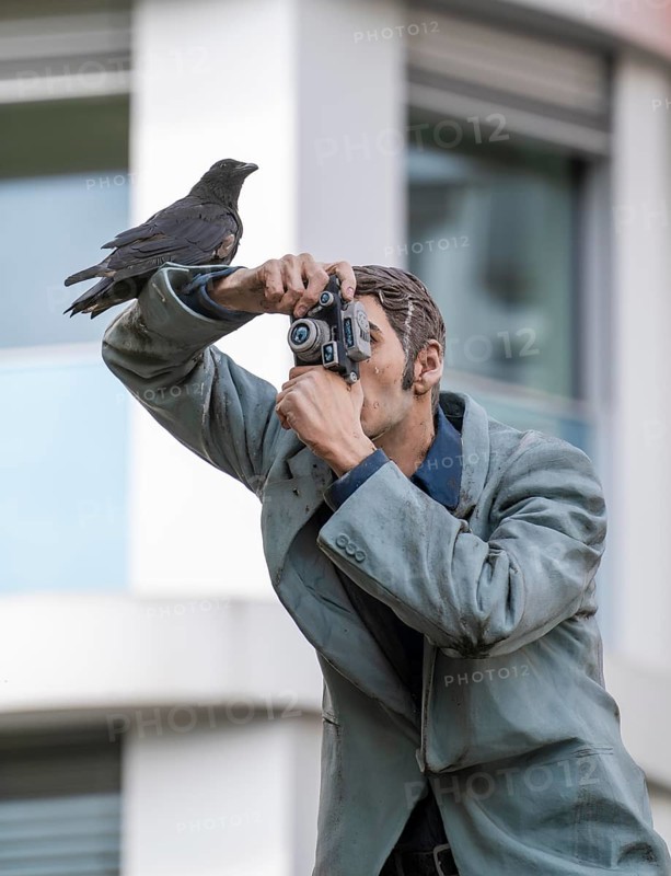 Real crow on a pillar saint, The Photographer, in front of the main railway station in Düsseldorf, one of 10 realistic, life-size sculptures of people on advertising pillars by Düsseldorf artist Christoph Pöggeler, public art, North Rhine-Westphalia, Germany, Europe