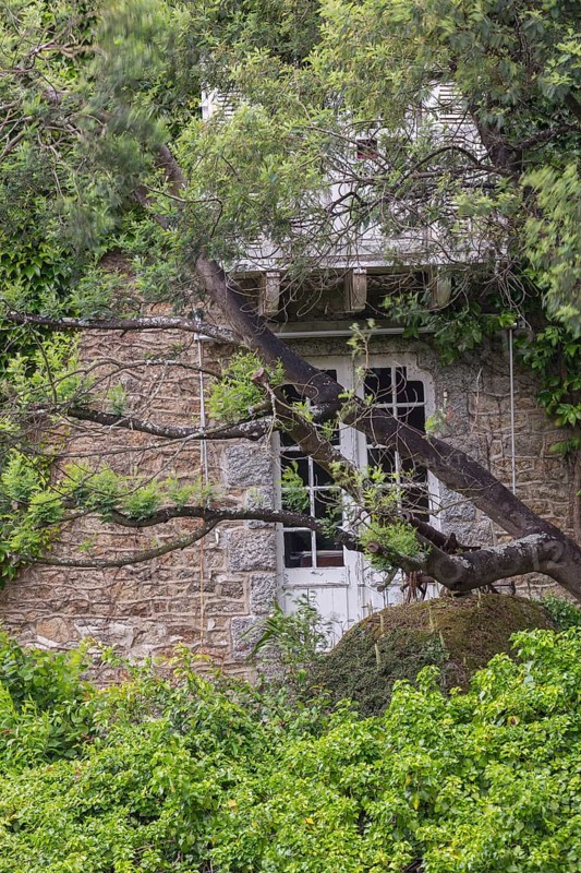 Detail of a hidden building in Pont-Aven. The village is known for the artists who worked there like Émile Bernard, Paul Gauguin and Paul Sérusier. known as the Pont-Aven School