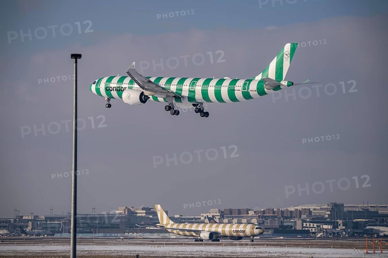 Condor Airbus A330-900 approaching Frankfurt Airport FRA and on the taxiway, Fraport, in winter, Hesse, Germany, Europe