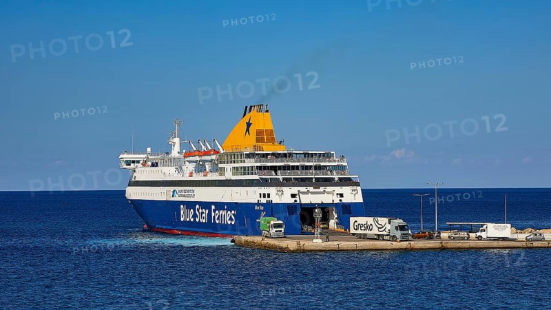 Large ferry of Blue Star Ferries at the harbour, ready for departure on clear and calm sea, Bluestar Chios ferry, Pigadia, town and harbour, Pigadia Bay, main town, Karpathos, Dodecanese, Greek Islands, Greece, Europe