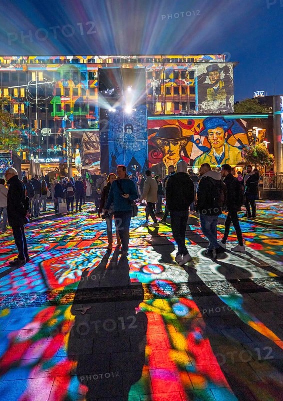 Essen Light Festival, in the city centre, light art on Kennedyplatz, the Berlin artist Daniel Margraf illuminates the large square in the city centre with works of art from the Essen Folkwang Museum, the visitors become part of the pictures that change with every step. North Rhine-Westphalia, Germany, Europe