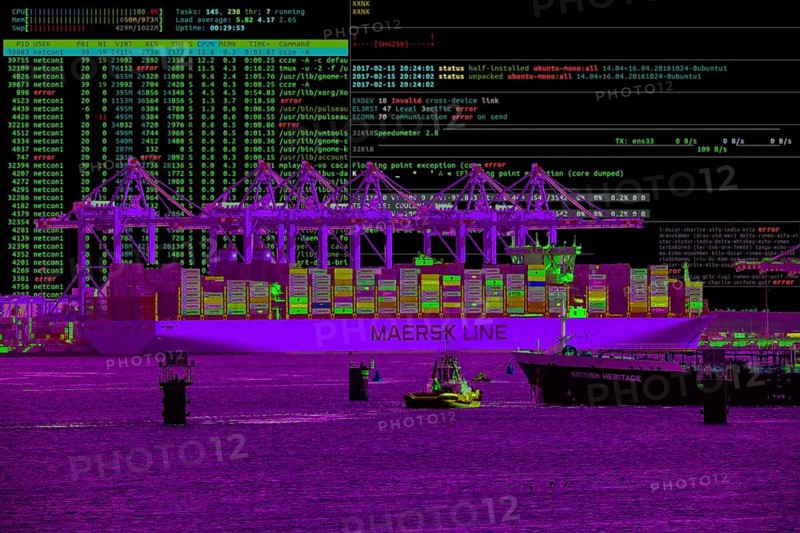 Symbolic image cyber attack, computer crime, cybercrime, computer hackers attack the IT infrastructure of a city, Maasvlake container harbour, Rotterdam, Netherlands