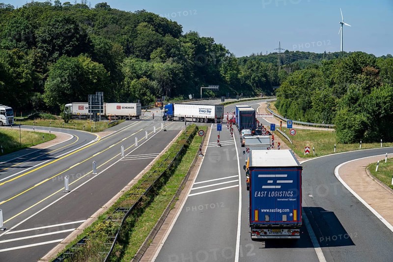 A45 motorway, coming from the south, traffic is diverted in front of the Lüdenscheid junction, in front of the completely closed Rahmede viaduct, which is being blown up and rebuilt due to massive damage to the supporting structure, Lüdenscheid, North Rhine-Westphalia, Germany, Europe