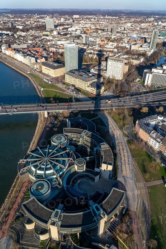 View over the city centre of Düsseldorf, state parliament, Rheinknie bridge over the Rhine, old town bank, from North Rhine-Westphalia, Germany, Europe