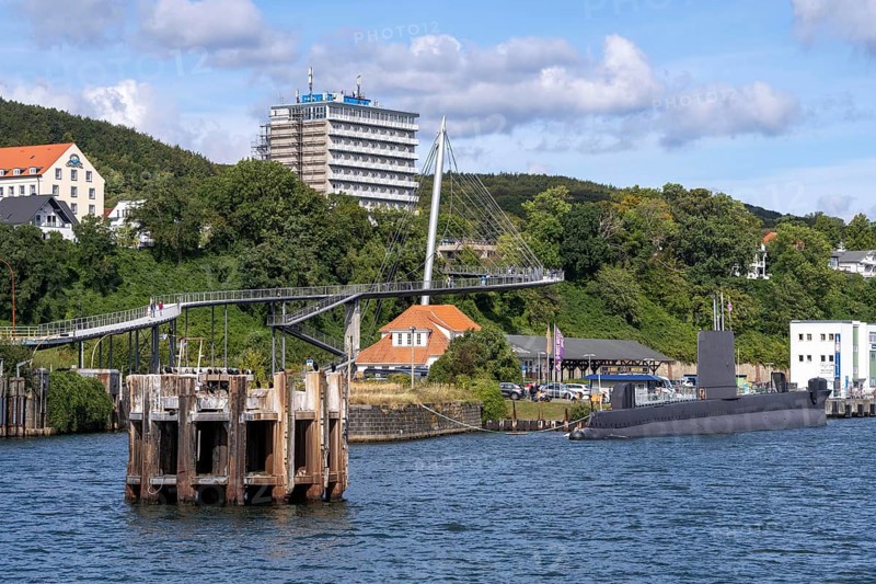 The city harbour of Sassnitz, island of Rügen, submarine museum, suspension bridge connects the old town with the harbour, Mecklenburg-Vorpommern, Germany, Europe