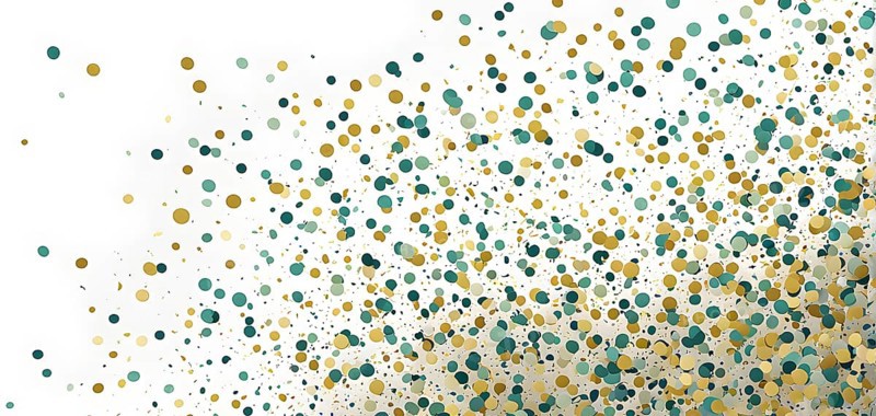 Abstract New Years Eve confetti explosion, with minimalist colored squares and circles falling through an empty white background, AI generated