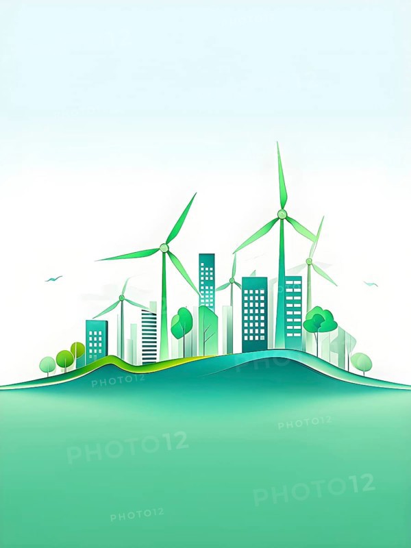 Abstract visual illustration of a city skyline where buildings morph into wind turbines and trees, AI generated