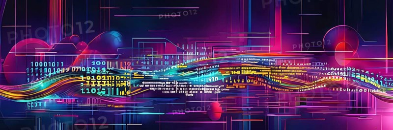 Abstract data stream flowing like liquid light, with sharp lines of code and binary numbers cascading in bright neon colors, AI generated
