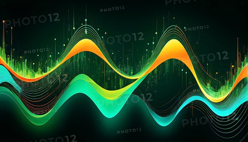 Abstract illustration of digital wave forms and circuits converging to form abstract symbols of various sports, then dispersing into flowing particles, AI generated