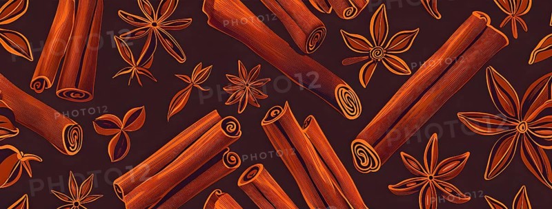 Abstract wallpaper illustration of Christmas spices like cinnamon sticks, star anise, and cloves, AI generated