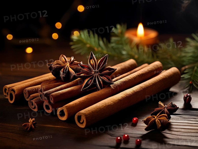 Christmas spices like cinnamon sticks, star anise, and cloves arranged on a wooden table, with soft ambient lighting evoking warmth and coziness, AI generated