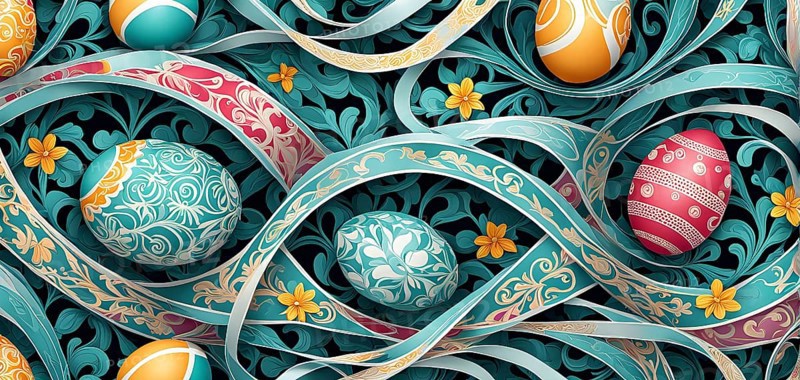 A whimsical abstract pattern with intertwined ribbons, eggs, and floral motifs, with a mix of sharp and soft lines creating depth, AI generated