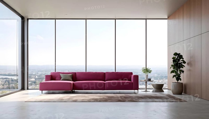 Minimalist living room with clean lines and neutral tones, featuring a modern magenta colored sofa, AI generated