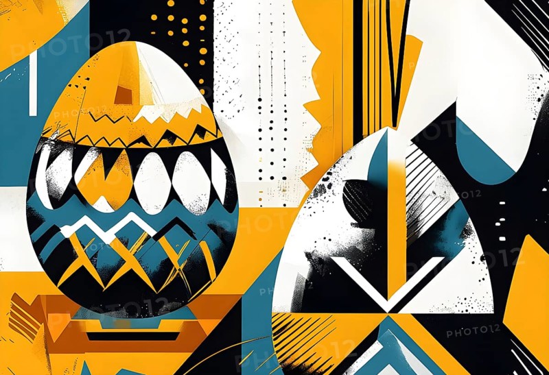 Illustration of an abstract Easter egg design with geometric patterns, bold colors, and a mix of textures, creating a modern and dynamic look, AI generated