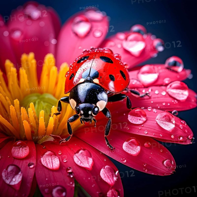 Ladybug crawling on a wet flower petal, with rain droplets, AI generated