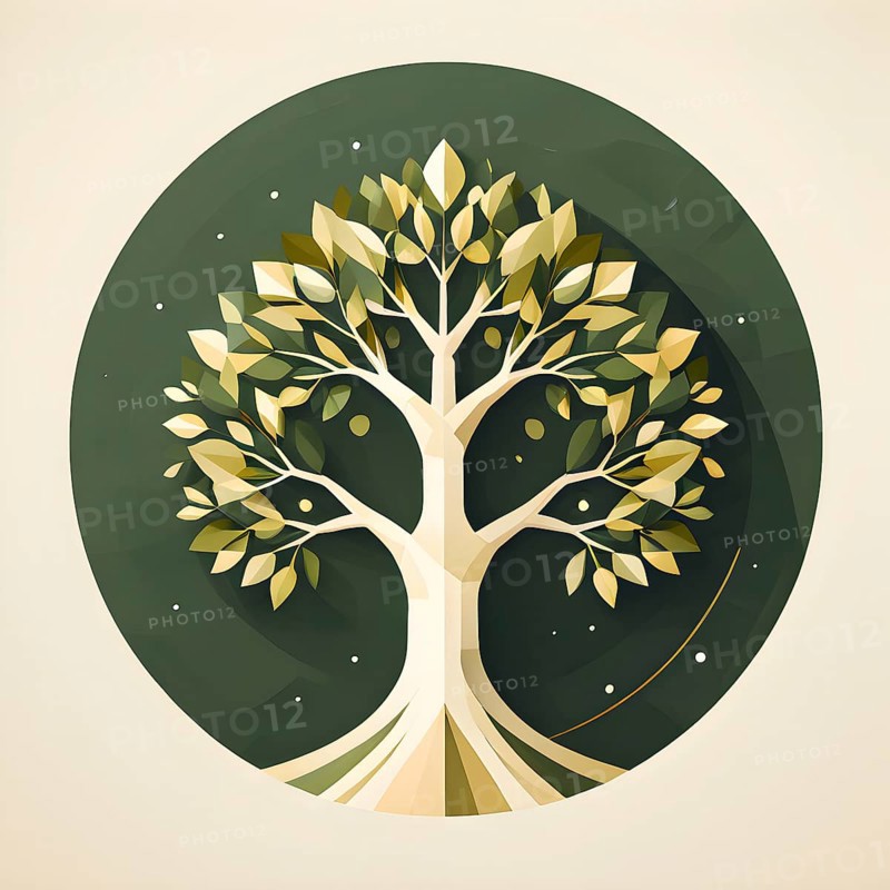 Abstract geometric tree with a circular canopy and a rectangular trunk, arranged in a clean, balanced design with a limited color palette of olive green, deep brown, and ivory, AI generated