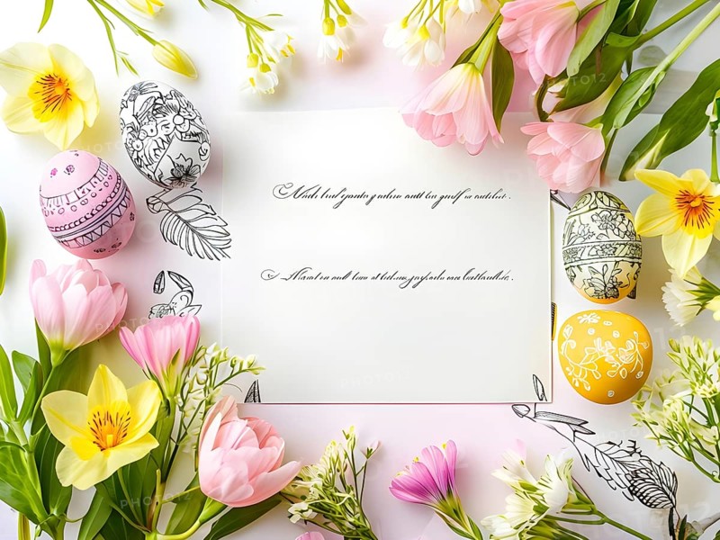 Easter card with delicate hand-drawn illustrations, placed among fresh flowers and decorated eggs, empty space for text, AI generated