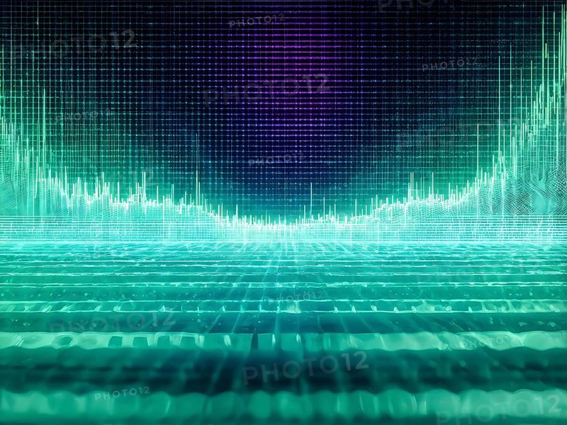 Glowing digital wave forms fluctuating in sync with a pulsating grid background, representing the heartbeat of artificial intelligence, AI generated