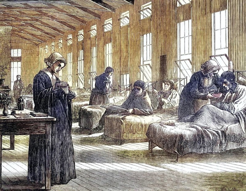 Ward in the smallpox hospital in Hampstead. This hospital was run by the Metropolitan Asylums Board and was built for the epidemic in the winter of 1870-1871. The picture shows a Nightingale ward with windows opening upwards and downwards. With identical windows on the opposite side, ventilation could be adjusted. From The Illustrated London News, 1871, Historical, digitally restored reproduction from a 19th century original, Record date not stated