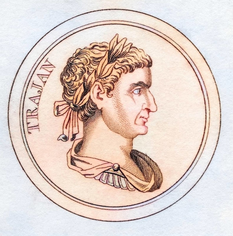 Trajan Marcus Ulpius Nerva Traianus AD53, 117 Roman Emperor from the book Crabbs Historical Dictionary from 1825, Historical, digitally restored reproduction from an original from the 19th century, Record date not stated