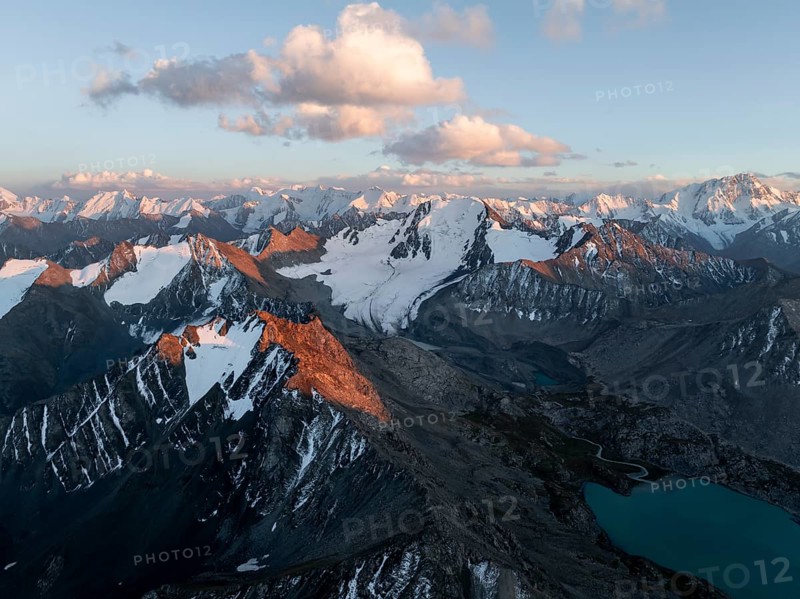 Evening mood, mountain panorama, aerial view, 4000 metre peak with glacier, mountain pass and mountain lake Ala-Kul Lake, Tien Shan, Kyrgyzstan, Asia