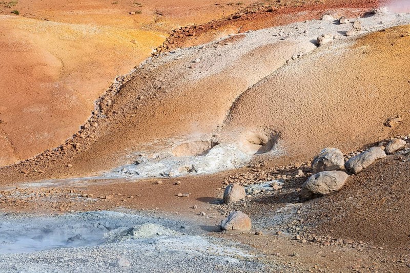 Mud pots, coloured mineral deposit, Seltún geothermal area near Krýsuvík or Krísuvík, Reykjanes Peninsula, Iceland, Europe