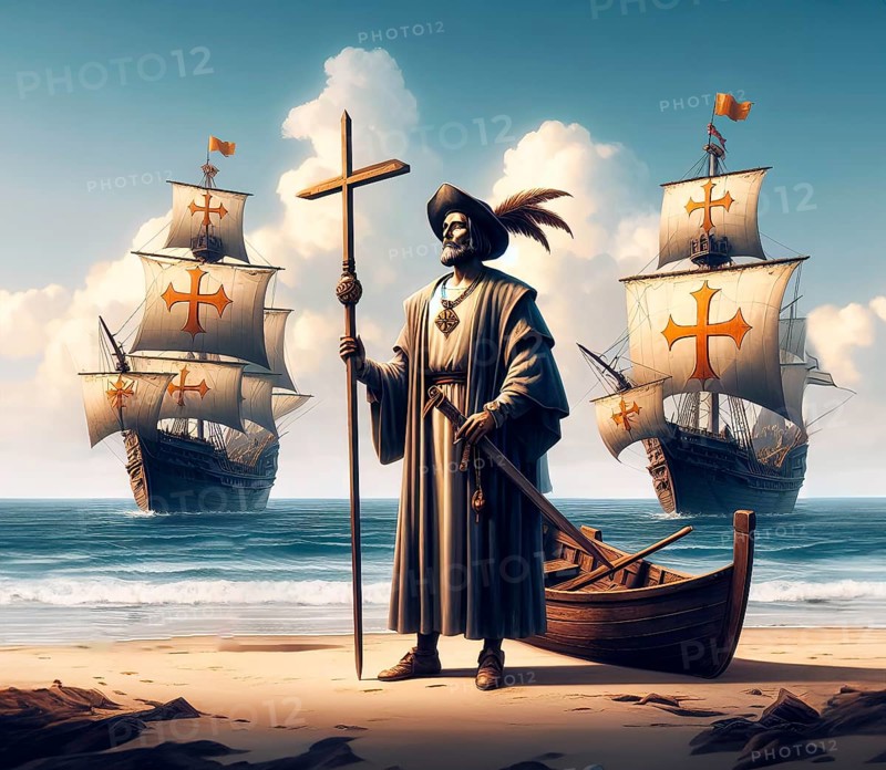 Christopher Columbus, Christopher Columbus or Cristóbal Colón takes possession of America for Spain, Columbus' caravels in the background, AI generated, AI generated