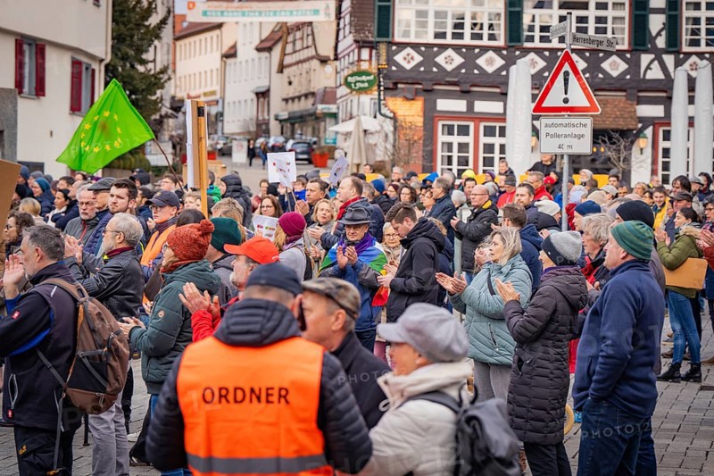 Demonstrators with banners in front of half-timbered houses, Assembly with police and respect sign, Against the right demo, Nagold, Black Forest, Germany, Europe