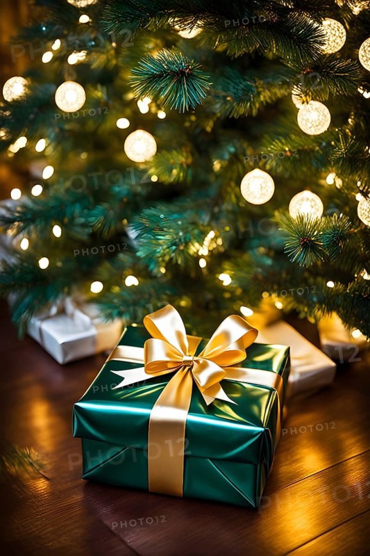 Close-up of a beautifully wrapped Christmas gift with a satin ribbon, set under a glowing Christmas tree, AI generated