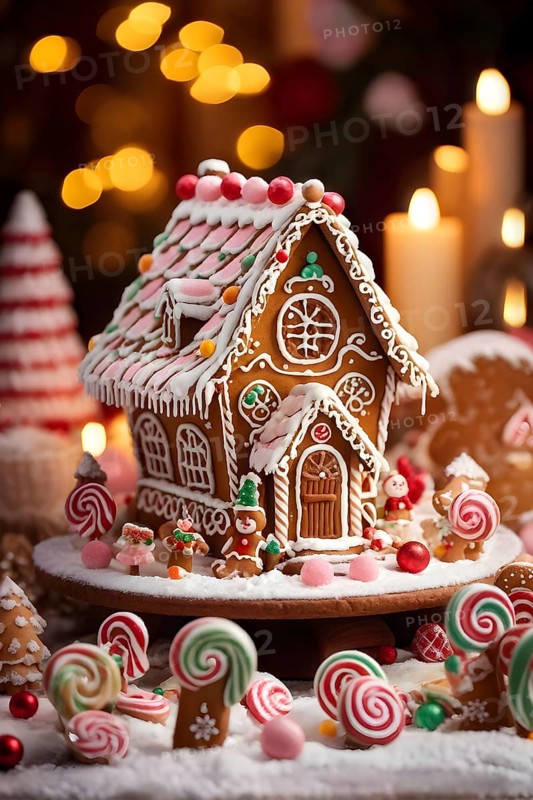 Gingerbread house decorations, focusing on the intricate icing details, colorful candy, and soft, warm light creating a cozy festive ambiance, AI generated