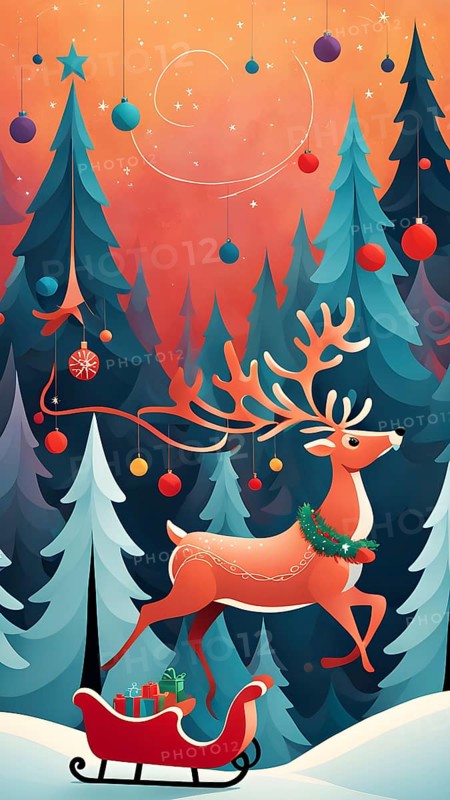 Whimsical abstract scene with stylized reindeer and sleighs to capture the magic of Christmas, AI generated