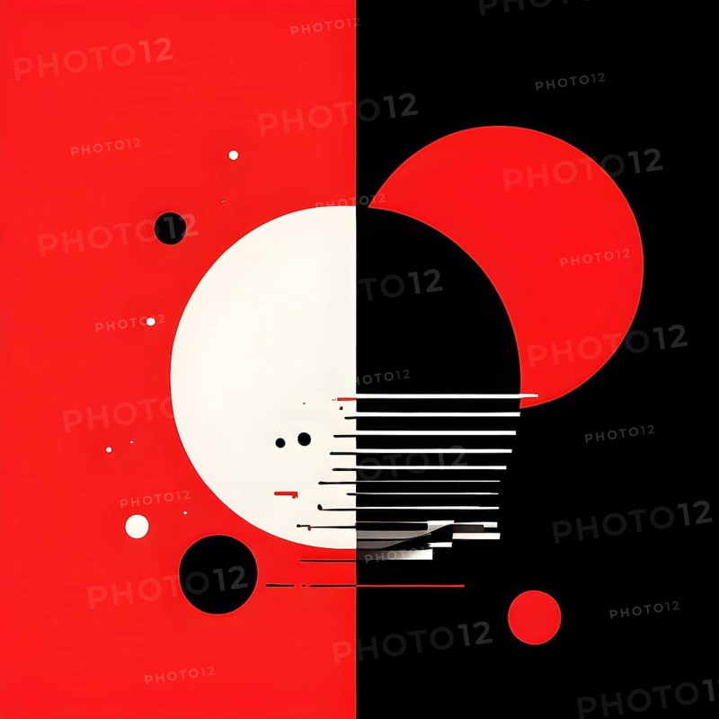 Minimalist illustration featuring abstract geometric shapes with red color accent symbolizing fun and ease, AI generated