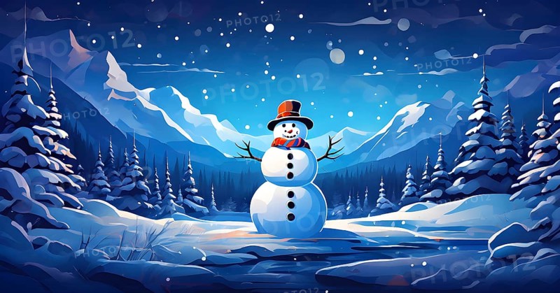 Abstract illustration of a snowman in an idyllic snowy winter landscape, hills and mountains and snow covered trees, AI generated