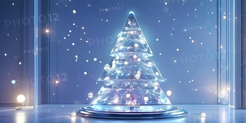 A three dimensional rendering of a futuristic Christmas tree made of glowing, semi-transparent glass, AI generated