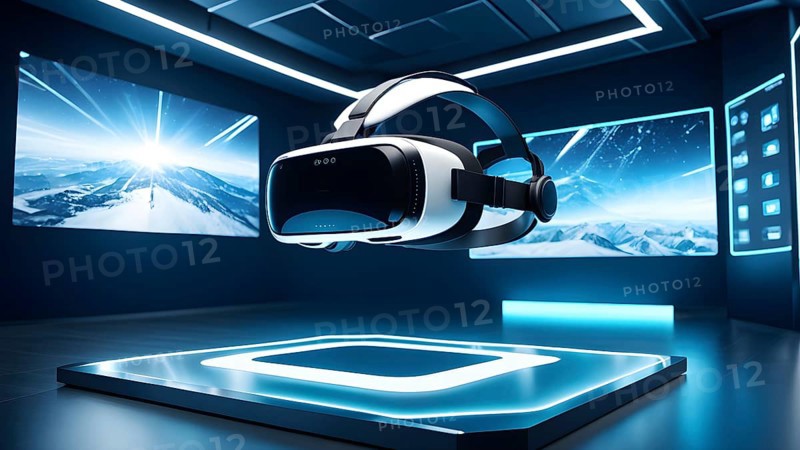 Three dimensional render of virtual reality glasses in a digital room, AI generated